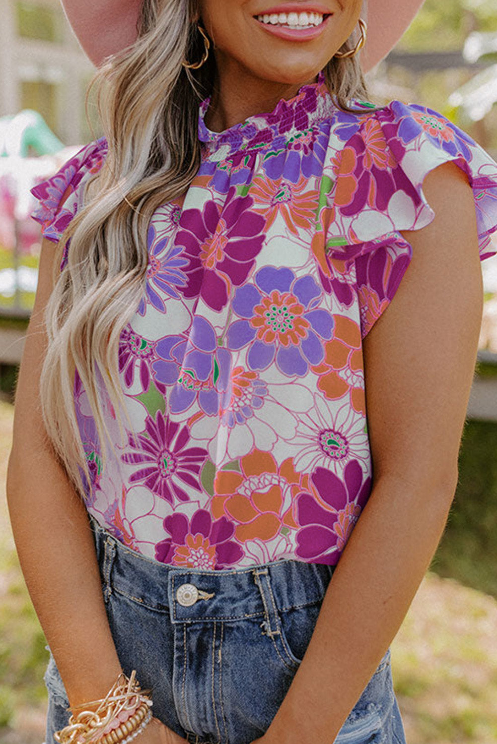 Purple Stand Neck Flutter Sleeves Floral Top