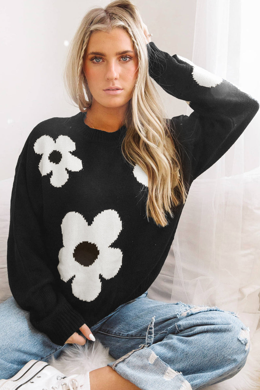 Black Flower Pattern Ribbed Trim Knit Round Neck Sweater