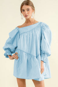 Sky Blue Puff Sleeve Asymmetric Pleated Flowy Mini Dress