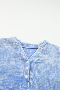 Sky Blue Loose Crinkle Button V Neck Henley Top