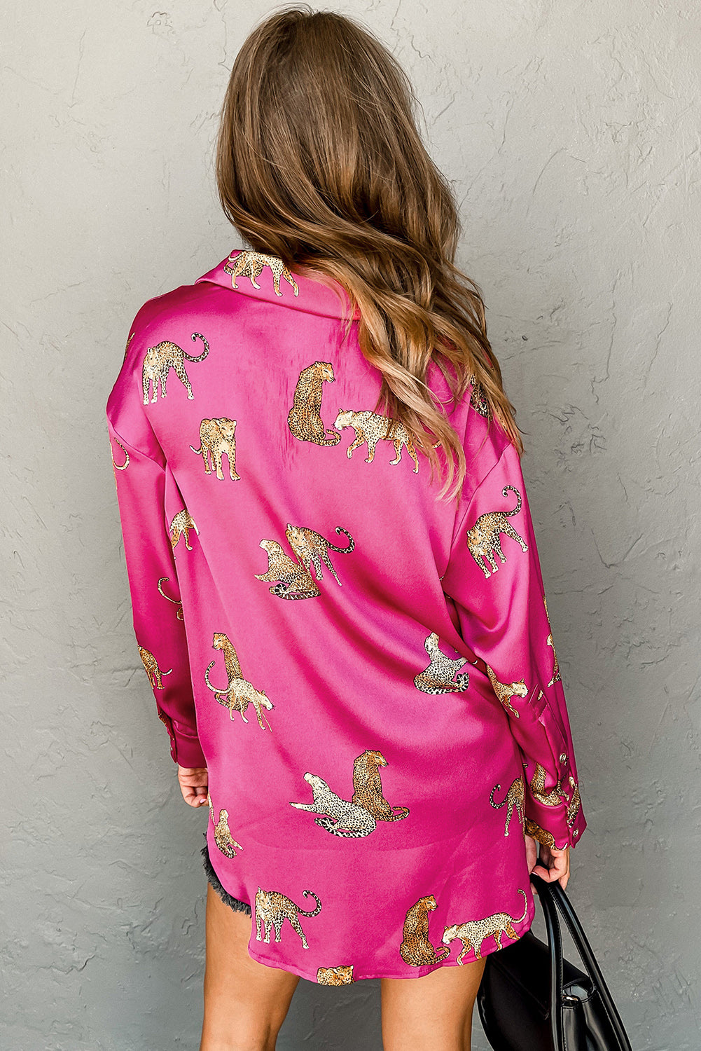 Rose Red Animal Print Button Up Satin Shirt