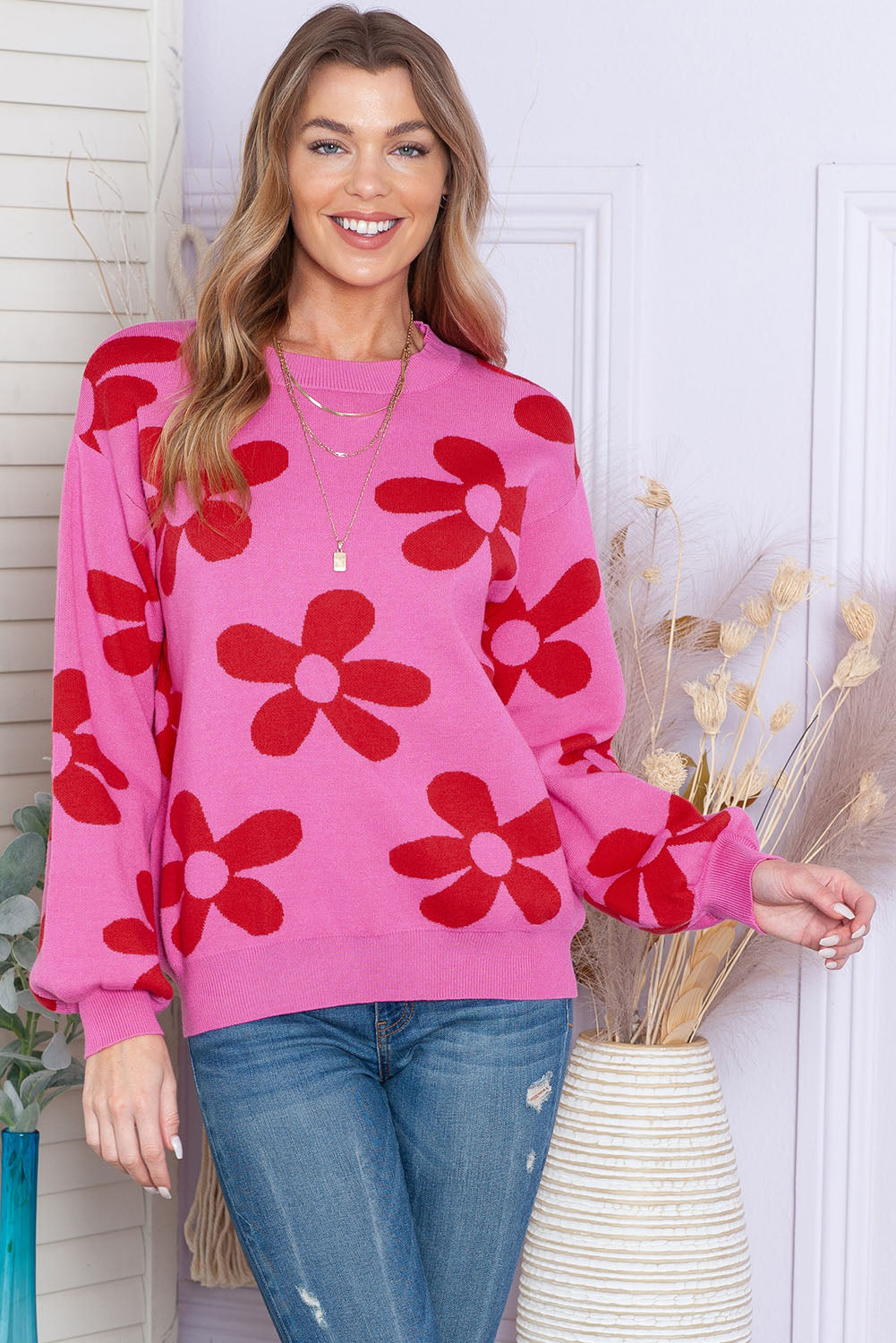 Cypress Floral Print Knitted Long Sleeve Pullover Sweater