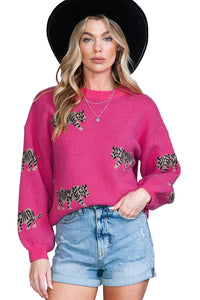 Rose Red Leopard Pattern Drop Shoulder Knit Sweater