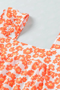 Orange Floral Print Square Neck Sleeveless Boho Top