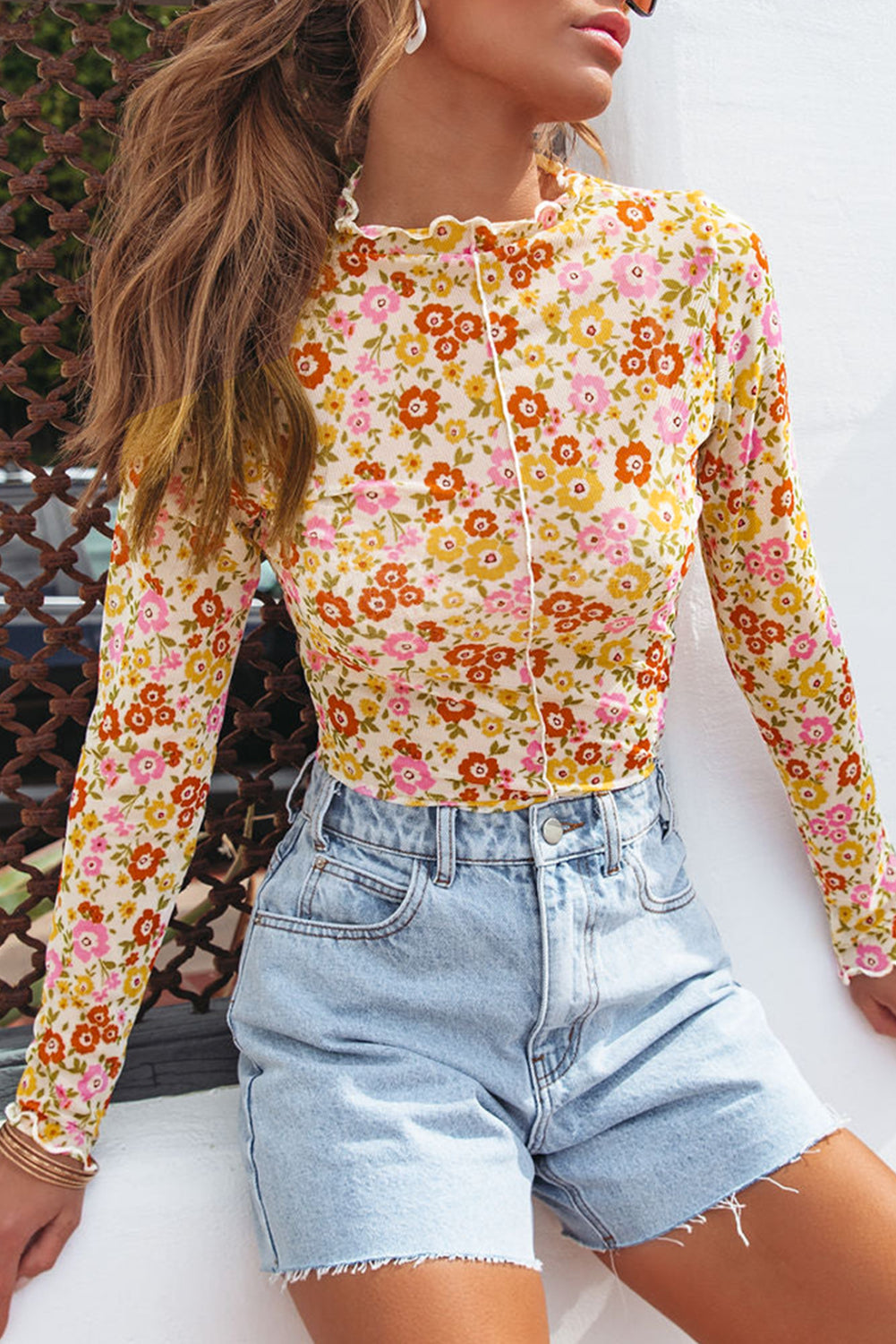 Multicolor Floral Frill Neck Boho Long Sleeve Blouse