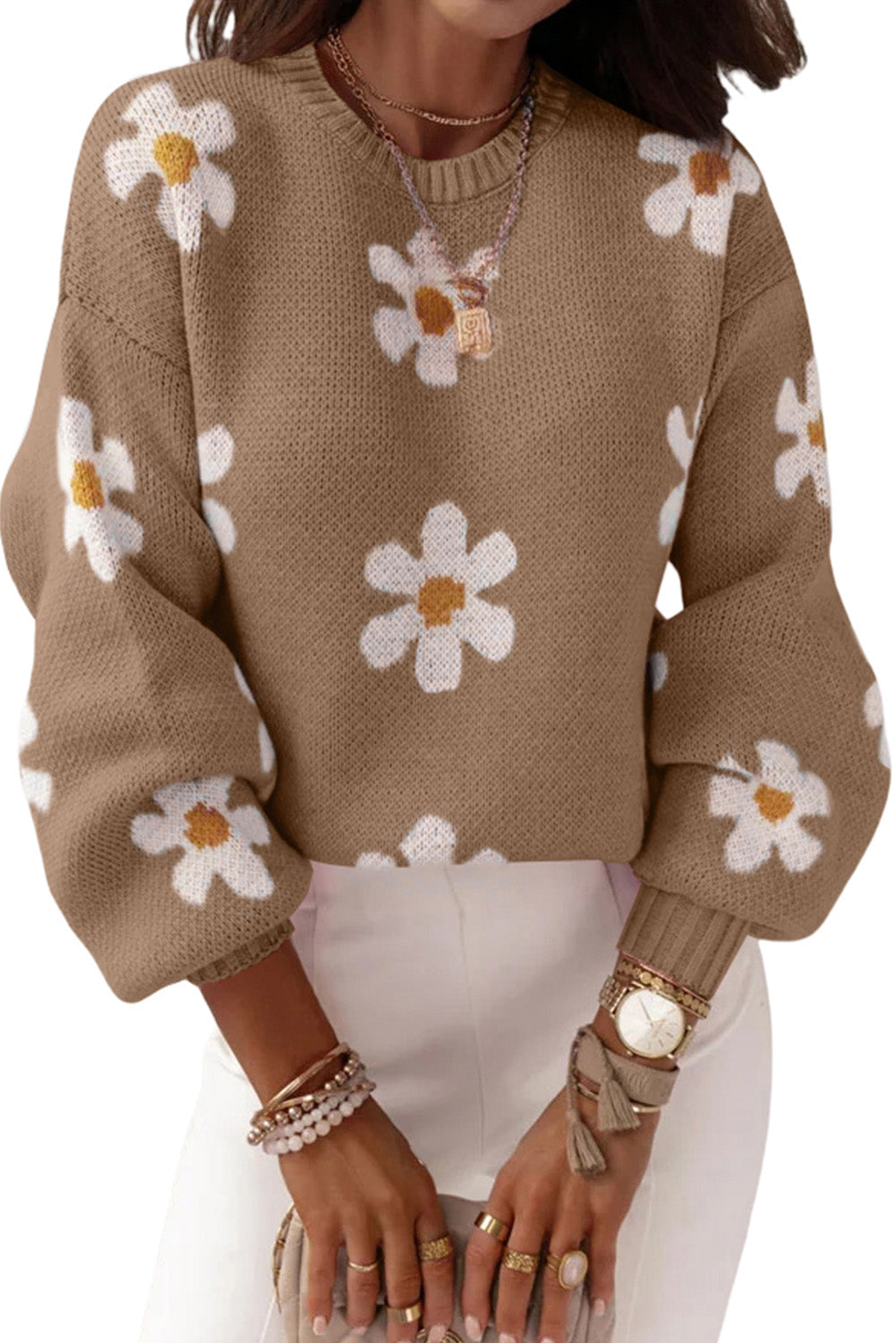 Apricot Floral Pattern Drop Shoulder Pullover Knit Sweater