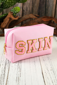 Pink Embroidered SKIN Letter Print Makeup Bag