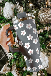 Parchment Floret Print Stainless Tumbler With Lid And Straw