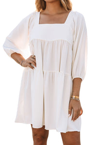 White Square Neck Ruched Casual Short Dress