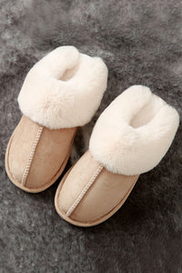 Pink Khaki Faux Suede Plush Lined Slip on Slippers