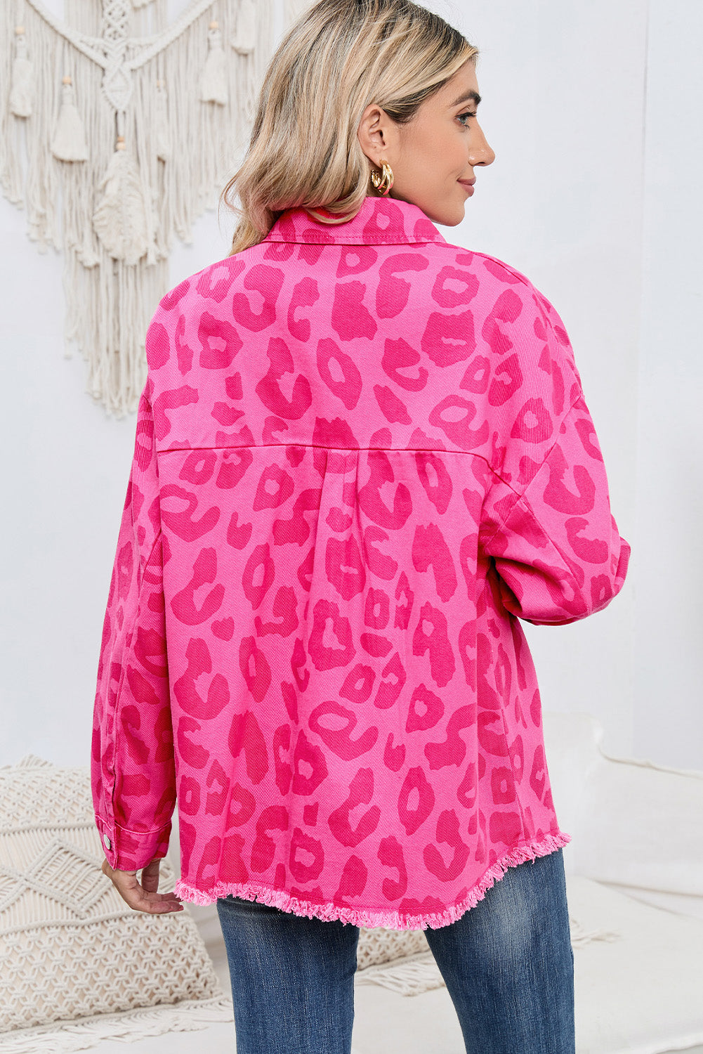 Pink Leopard Print Button Cuffs Raw Hem Jacket