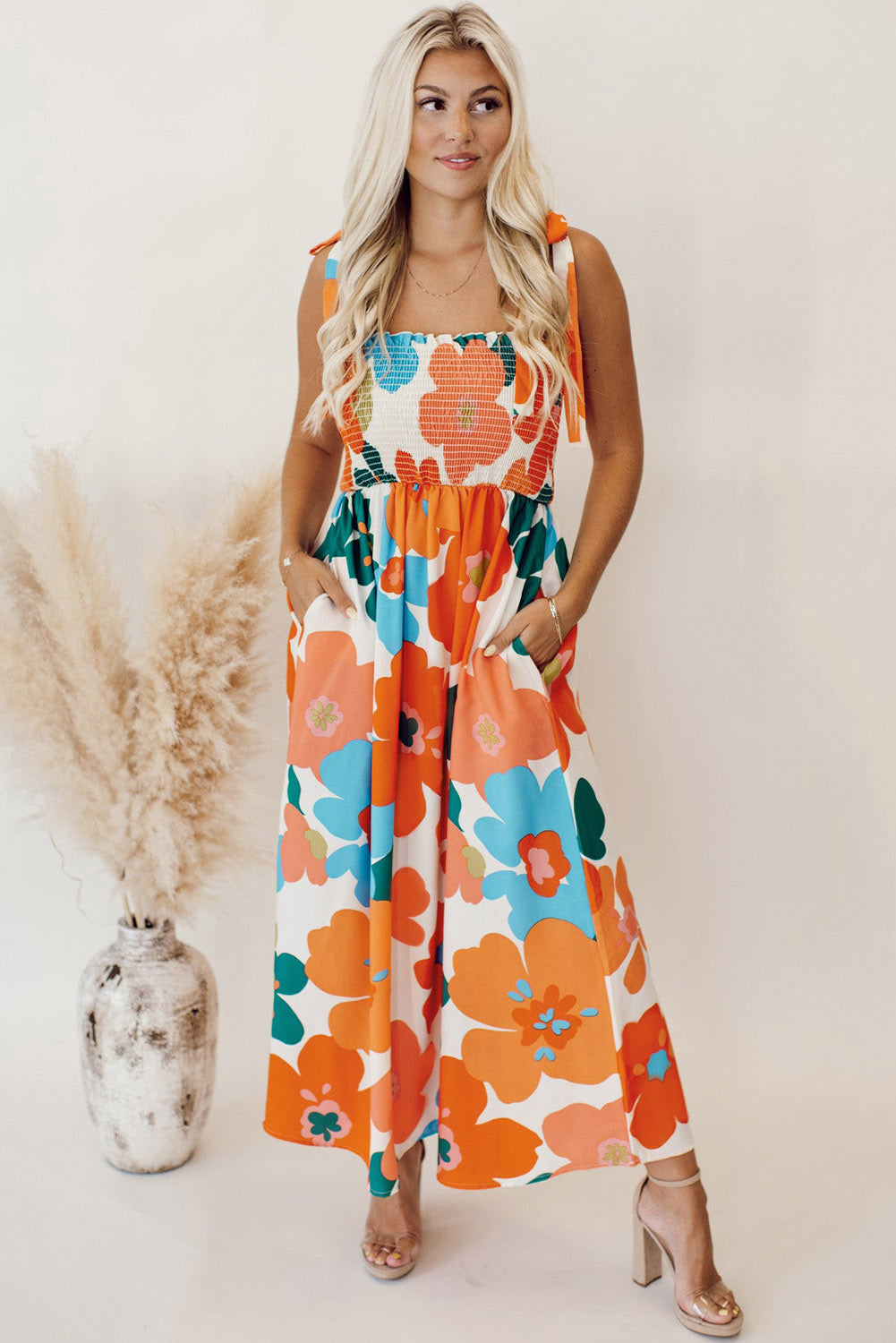 Orange Floral Printed Shoulder Tie Smocked Maxi Dress – PINKCOLADA