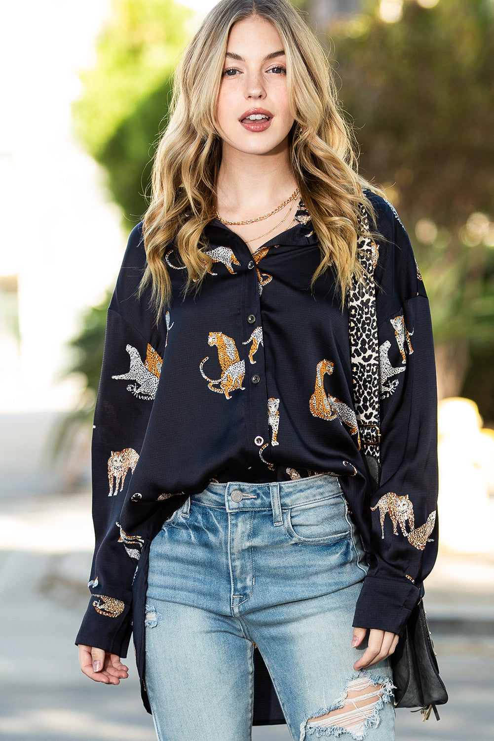 Rose Red Animal Print Button Up Satin Shirt