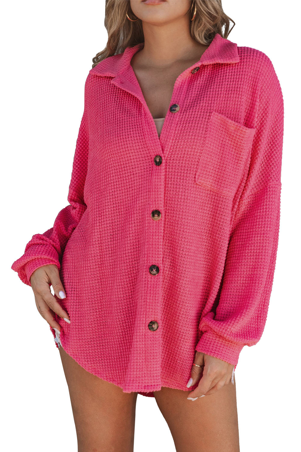 Hot Pink Pocket Buttons Front Waffle Knit Shacket