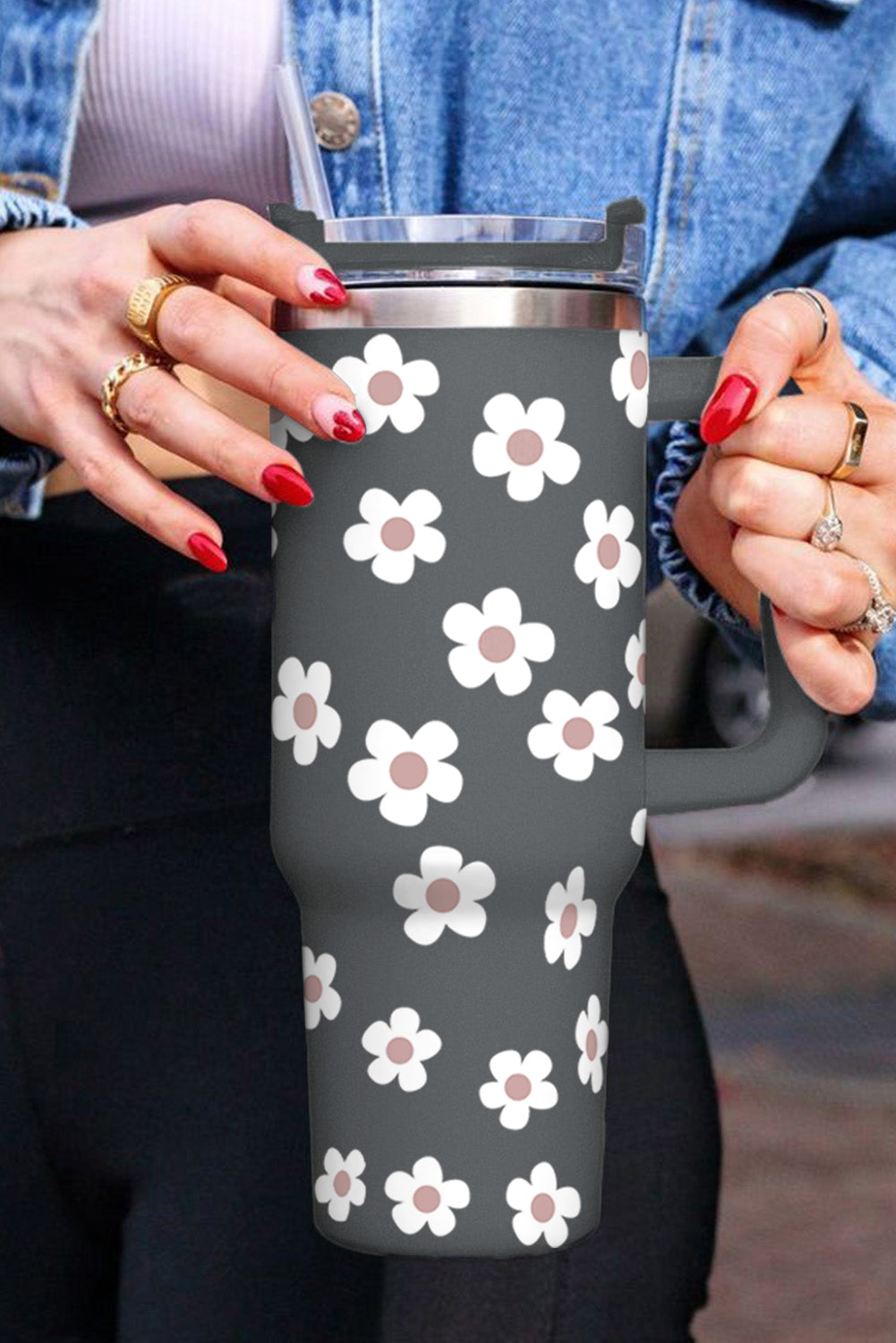 Parchment Floret Print Stainless Tumbler With Lid And Straw