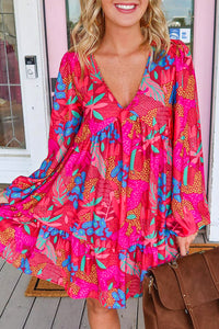 Rose V Neck Bubble Sleeve Boho Flower Flowy Dress