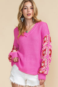 Rose Crochet Long Sleeve Knitted Pullover V Neck Sweater