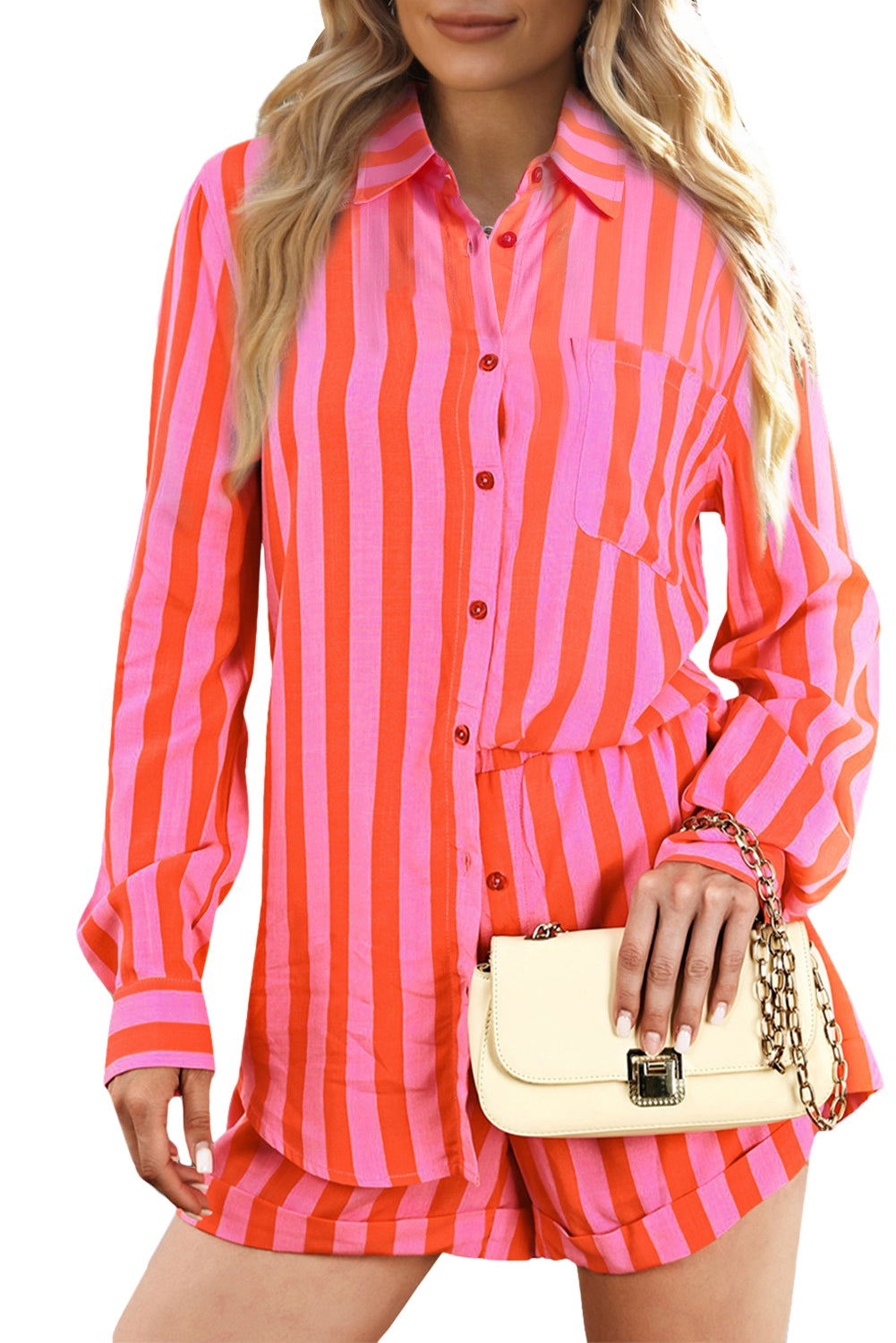 Orange Striped Colorblock Collared Long Sleeve Shirt & Shorts Set