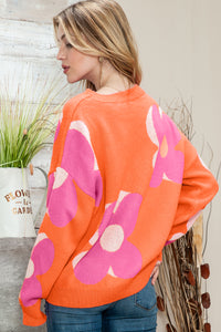 Pink & Orange Floral Cable Knitted Sweater