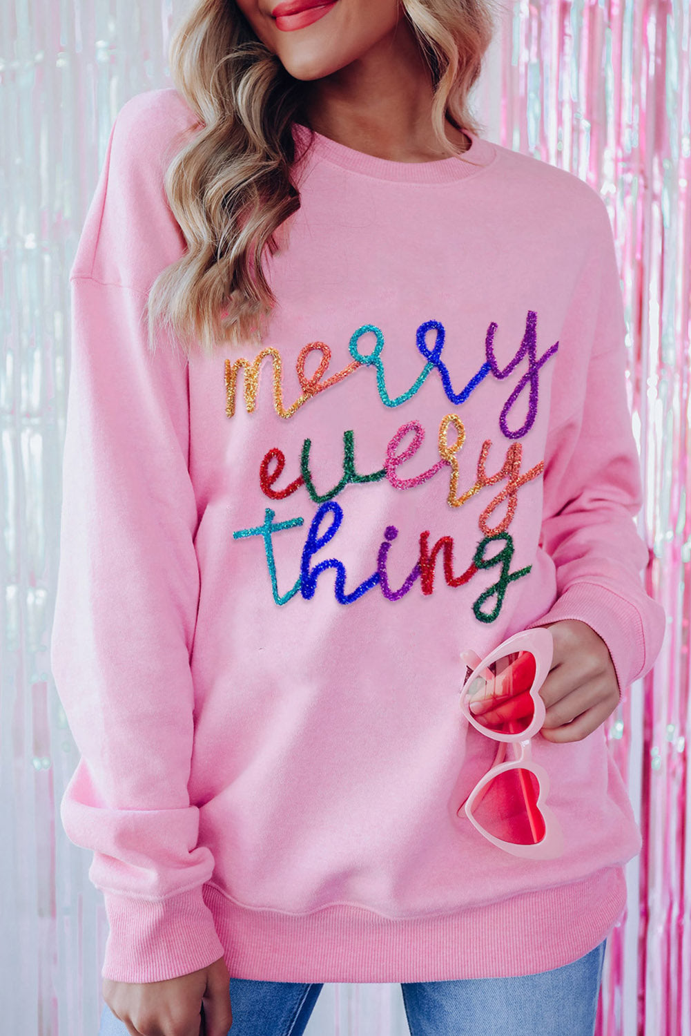 Pink Merry Every Thing Glitter Letter Christmas Sweatshirt