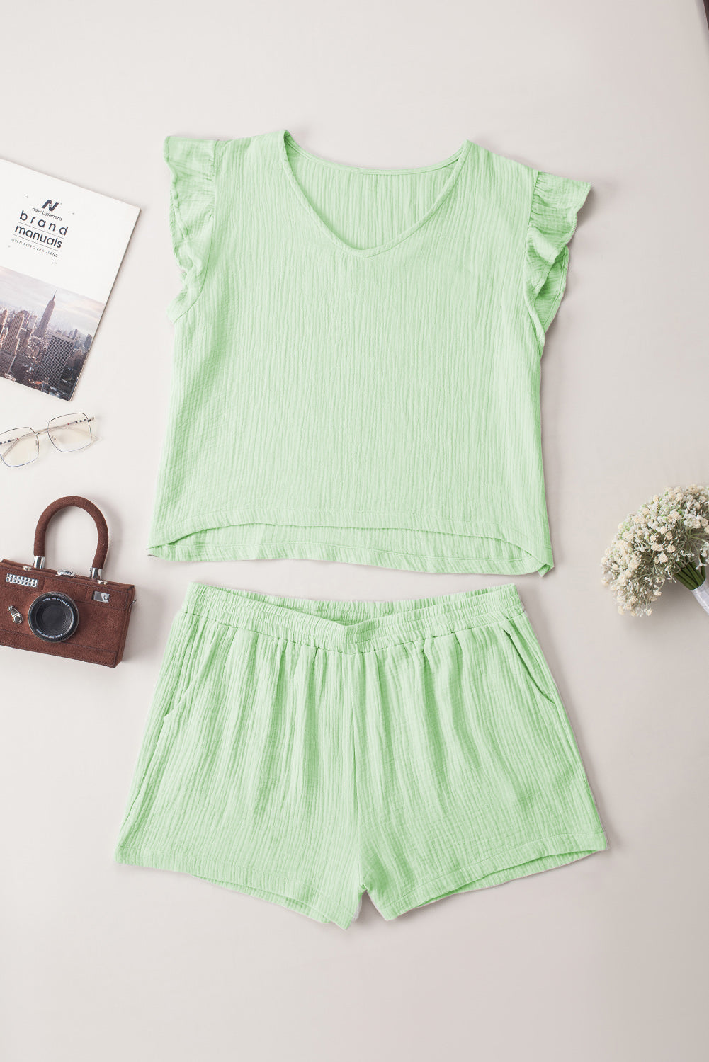 Green Crinkled Texture V Neck Ruffled Sleeve Tops & Shorts Set