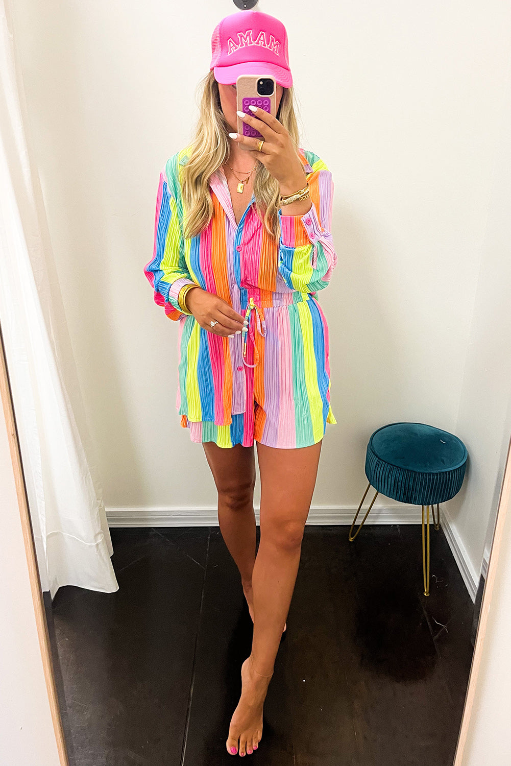 Multicolor Rainbow Stripe Crinckle Shirt and Shorts Outfit