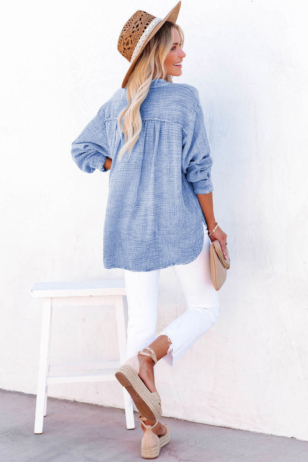 Sky Blue Loose Crinkle Button V Neck Henley Top