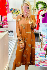 Yellow Animal Print Button-Up Split Maxi Shirt Dress