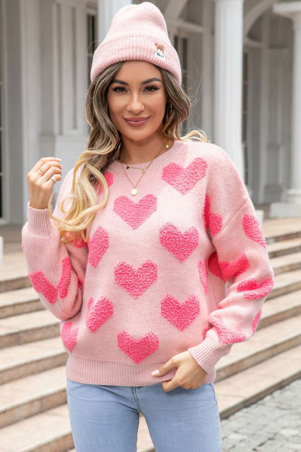 Light Pink Valentines Day Heart Jacquard Knit Sweater