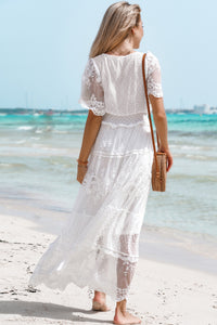 White Elegant Crochet Contrast Lace Maxi Dress