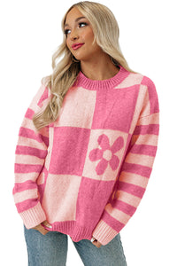 Pink Checkered and Striped Knitted Pullover Sweater