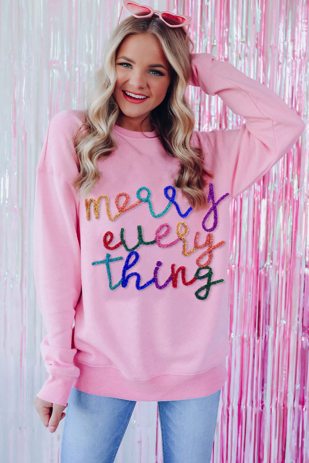 Pink Merry Every Thing Glitter Letter Christmas Sweatshirt