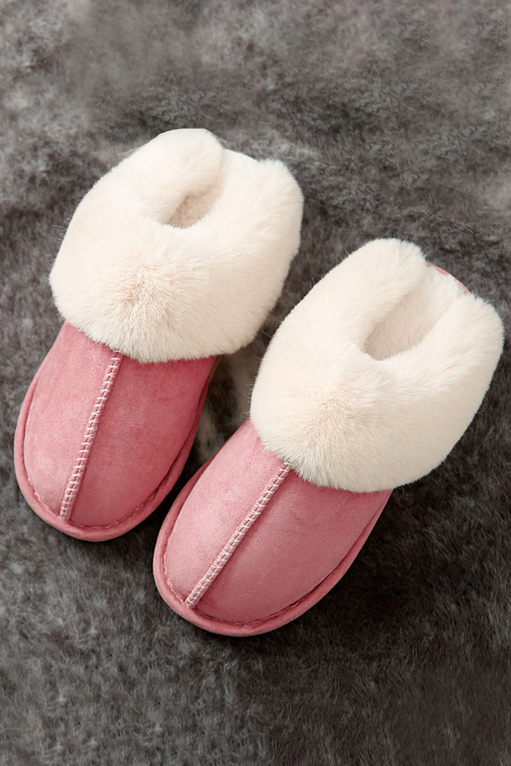 Pink Khaki Faux Suede Plush Lined Slip on Slippers