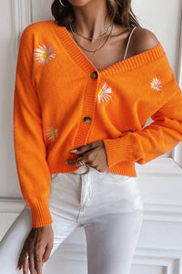 Orange Daisy Embroidered V Neck Button Up Cardigan