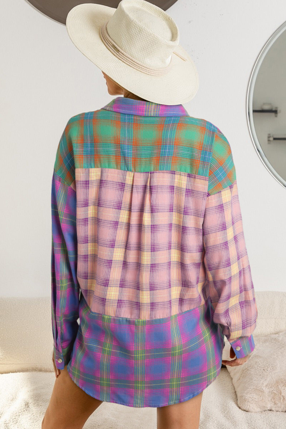 Purple Plaid Colorblock Pockets Button Up Shacket