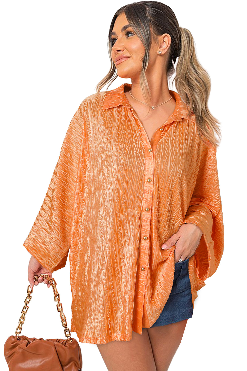 Orange Textured Button Up Batwing Sleeve Shirt