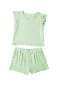 Green Crinkled Texture V Neck Ruffled Sleeve Tops & Shorts Set