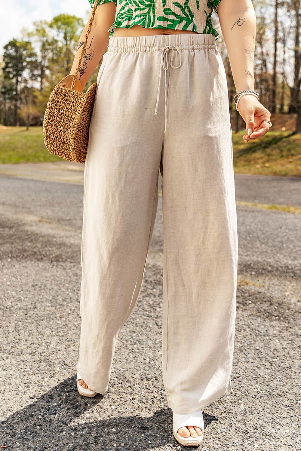 Apricot Linen Elastic Drawstring Waist Loose Pants