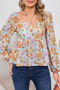 Orange Floral Square Neck Puff Sleeve Babydoll Blouse