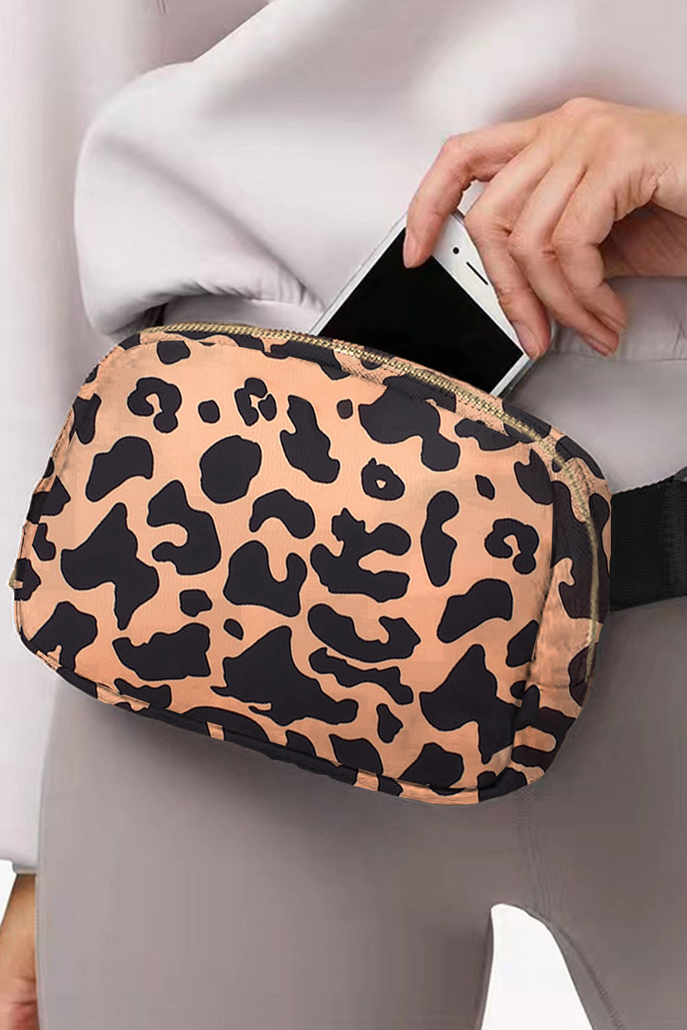 Purple 20*5*14cm Leopard Print Buckle Canvas Waist Pack Belt Bag