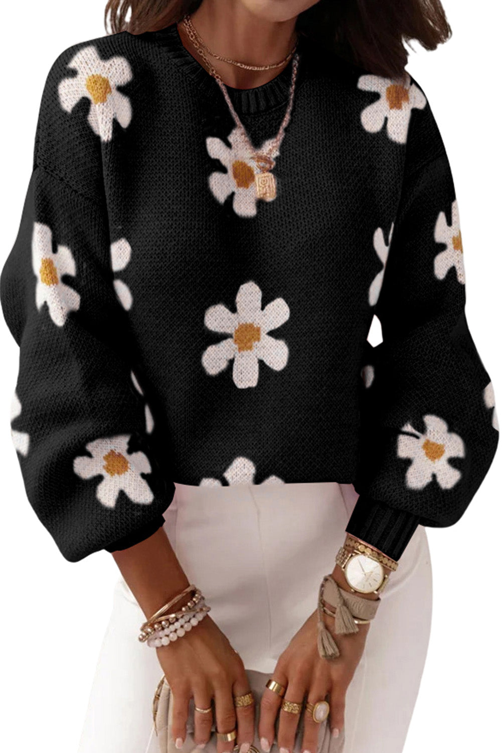 Apricot Floral Pattern Drop Shoulder Pullover Knit Sweater