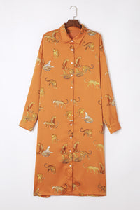 Yellow Animal Print Button-Up Split Maxi Shirt Dress