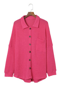 Hot Pink Pocket Buttons Front Waffle Knit Shacket