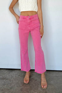 Pink Raw Hem Light Wash Flare Mid Rise Pants