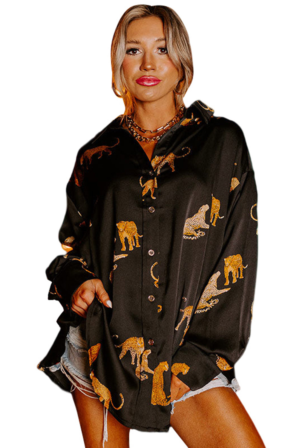 Rose Red Animal Print Button Up Satin Shirt