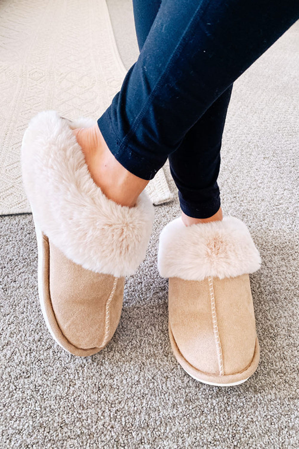 Pink Khaki Faux Suede Plush Lined Slip on Slippers