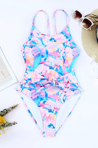 Pink Floral Print Knot High Waist One Piece Swimsuit