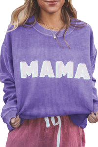 Purple MAMA Ribbed Crew Neck Pullover Sweatshirt