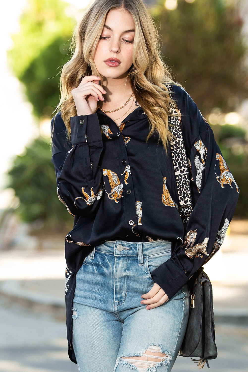 Rose Red Animal Print Button Up Satin Shirt