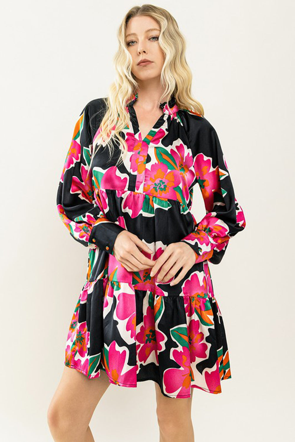 Multicolor Floral Print V Neck Tiered Mini Dress